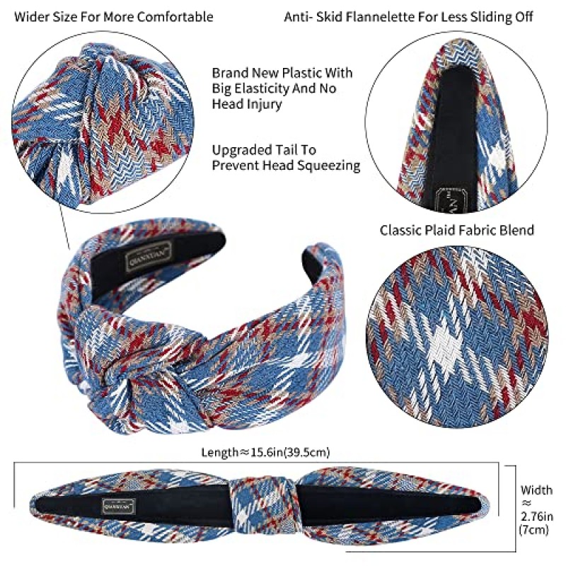 QIANXUAN 매듭 터번 머리띠 여성용 니트 헤어 밴드 여성용 헤어 탑 매듭 머리띠 격자 무늬 우아한 능직 헤어 액세서리 소녀를위한 패션 블랙 헤어 밴드