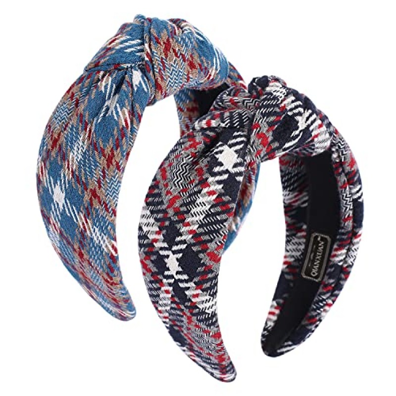 QIANXUAN 매듭 터번 머리띠 여성용 니트 헤어 밴드 여성용 헤어 탑 매듭 머리띠 격자 무늬 우아한 능직 헤어 액세서리 소녀를위한 패션 블랙 헤어 밴드