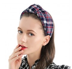 QIANXUAN 매듭 터번 머리띠 여성용 니트 헤어 밴드 여성용 헤어 탑 매듭 머리띠 격자 무늬 우아한 능직 헤어 액세서리 소녀를위한 패션 블랙 헤어 밴드