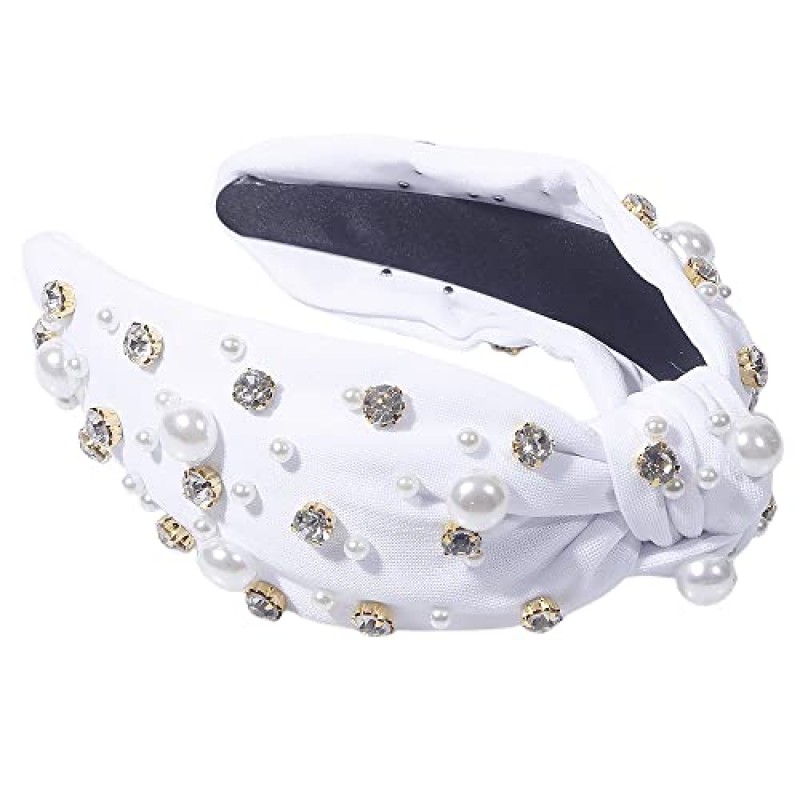 화이트 레드 전체 진주 크리스탈 라인 석 헤어 밴드 패브릭 와이드 챙 머리띠 여성을위한 럭셔리 바로크 와이드 머리띠 도매 (화이트)