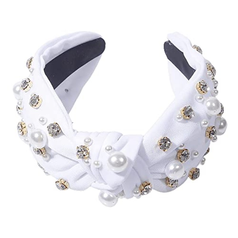 화이트 레드 전체 진주 크리스탈 라인 석 헤어 밴드 패브릭 와이드 챙 머리띠 여성을위한 럭셔리 바로크 와이드 머리띠 도매 (화이트)