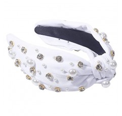 화이트 레드 전체 진주 크리스탈 라인 석 헤어 밴드 패브릭 와이드 챙 머리띠 여성을위한 럭셔리 바로크 와이드 머리띠 도매 (화이트)