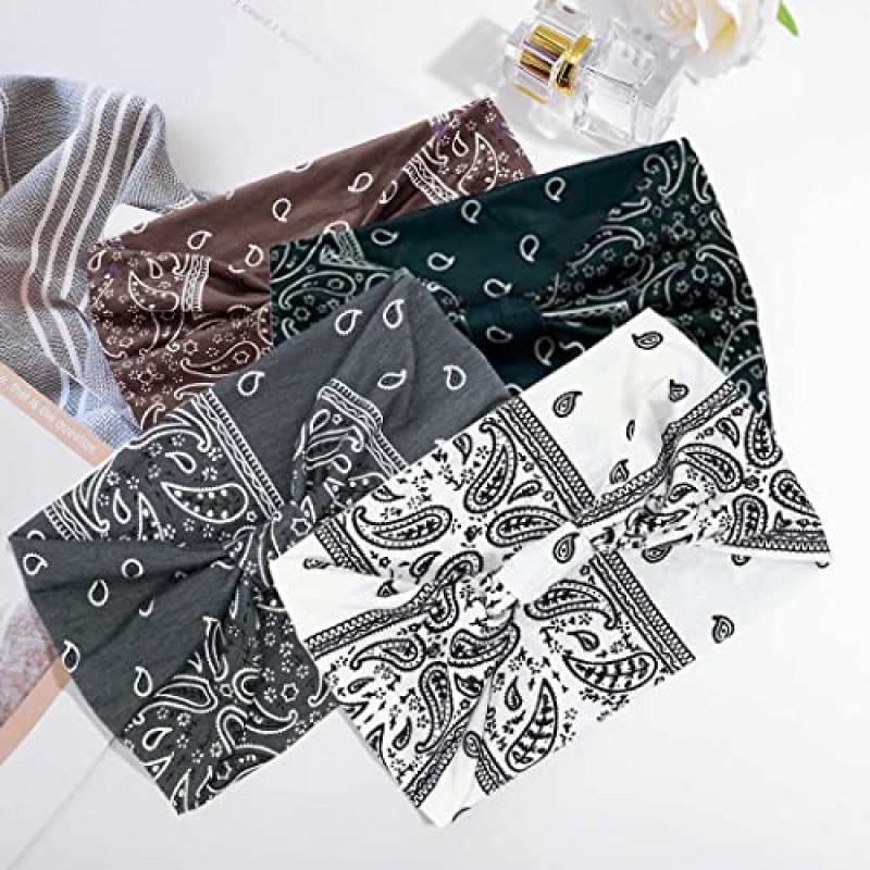 CAKURE 보호 와이드 머리띠 매듭 머리 밴드 두꺼운 머리 랩 오토바이 헤어밴드 신축성 있는 미끄럼 방지 터번 스웨트 밴드 여성과 소녀를 위한 헤어 패션 밴드 4개 팩(유형 C2)