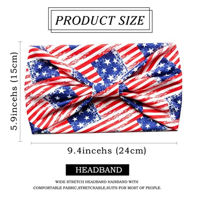 Olbye 7월 4일 머리띠 미국 애국 헤어 액세서리 미국 국기 머리띠 넓은 매듭 터번 머리 밴드 미끄럼 방지 탄성 헤어 밴드 빨간색 흰색 및 파란색 두건 성조기 머리 밴드 독립 기념일 파티 장식 헤어 밴드 7월 4일 여성 및 여아용 액세서리 4개 팩(미국 머리띠 비)