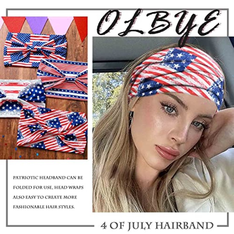 Olbye 7월 4일 머리띠 미국 애국 헤어 액세서리 미국 국기 머리띠 넓은 매듭 터번 머리 밴드 미끄럼 방지 탄성 헤어 밴드 빨간색 흰색 및 파란색 두건 성조기 머리 밴드 독립 기념일 파티 장식 헤어 밴드 7월 4일 여성 및 여아용 액세서리 4개 팩(미국 머리띠 비)