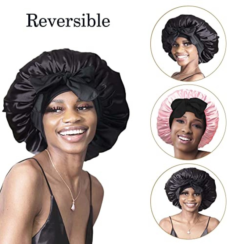 보닛 퀸 슬리핑 용 가역 실크 보닛 더블 레이어 새틴 보닛 헤어 보닛 조정 가능한 타이 보닛 실키 새틴 보닛 나이트 슬리핑 헤어 랩 여성용 블랙 핑크