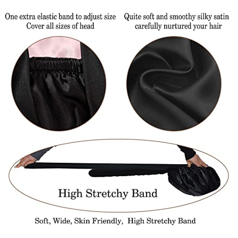 보닛 퀸 슬리핑 용 가역 실크 보닛 더블 레이어 새틴 보닛 헤어 보닛 조정 가능한 타이 보닛 실키 새틴 보닛 나이트 슬리핑 헤어 랩 여성용 블랙 핑크