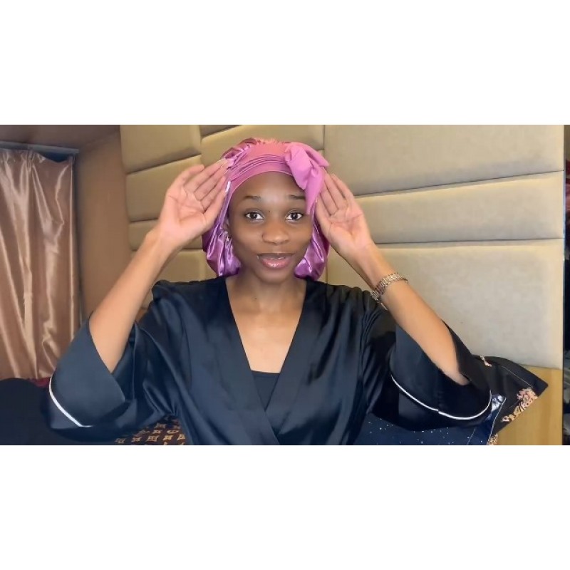 보닛 퀸 슬리핑 용 가역 실크 보닛 더블 레이어 새틴 보닛 헤어 보닛 조정 가능한 타이 보닛 실키 새틴 보닛 나이트 슬리핑 헤어 랩 여성용 블랙 핑크