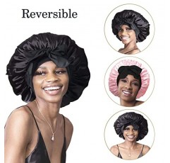 보닛 퀸 슬리핑 용 가역 실크 보닛 더블 레이어 새틴 보닛 헤어 보닛 조정 가능한 타이 보닛 실키 새틴 보닛 나이트 슬리핑 헤어 랩 여성용 블랙 핑크