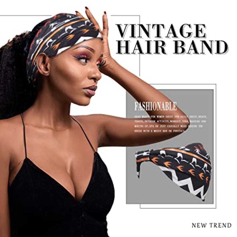 Aceorna 아프리카 머리띠 Boho 매듭 헤어 밴드 스트레치 와이드 헤드 랩 탄성 요가 터번 헤어 스카프 운동 여성과 소녀를위한 인쇄 된 헤어 액세서리 4 팩 (스타일 A)