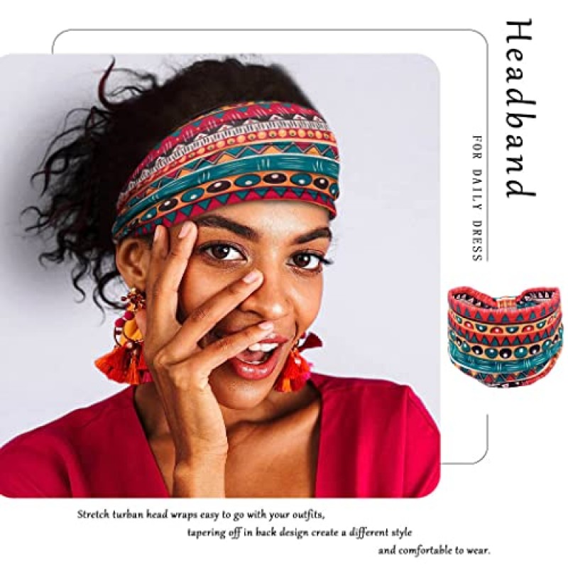 Aceorna 아프리카 머리띠 Boho 매듭 헤어 밴드 스트레치 와이드 헤드 랩 탄성 요가 터번 헤어 스카프 운동 여성과 소녀를위한 인쇄 된 헤어 액세서리 4 팩 (스타일 A)