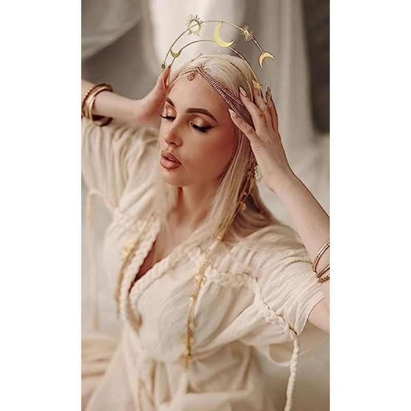 Zivyes 헤일로 머리띠 스타 문 크라운 천상의 헤어 액세서리 황금 크라운 Birdal 여신 헤드 피스 할로윈 머리 장식