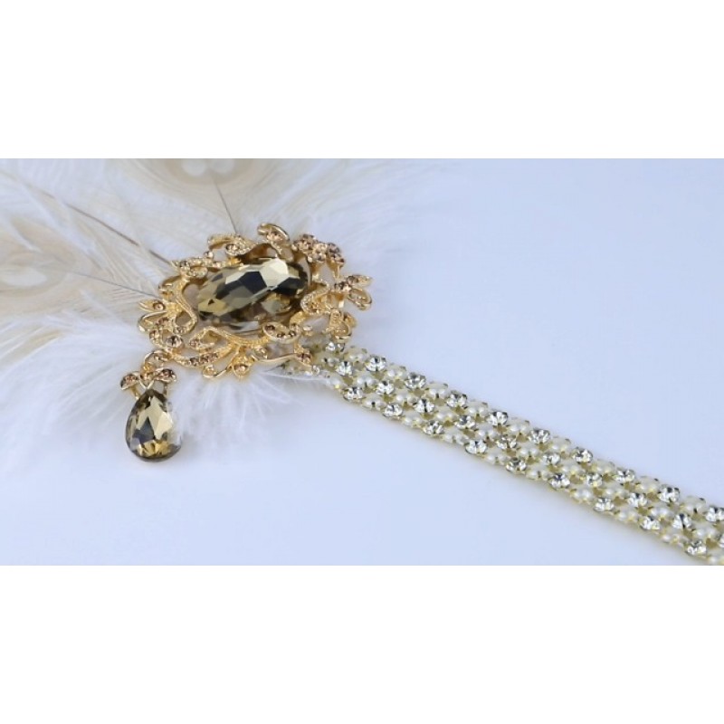 Chmier Bridal 1920s 플래퍼 깃털 머리띠 크리스탈 진주 머리 체인 흰색 깃털 활활 타오르는 20s 헤드 피스 파티 파티 축제 개츠비 헤어 쥬얼리 여성과 소녀를위한