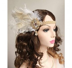 Chmier Bridal 1920s 플래퍼 깃털 머리띠 크리스탈 진주 머리 체인 흰색 깃털 활활 타오르는 20s 헤드 피스 파티 파티 축제 개츠비 헤어 쥬얼리 여성과 소녀를위한