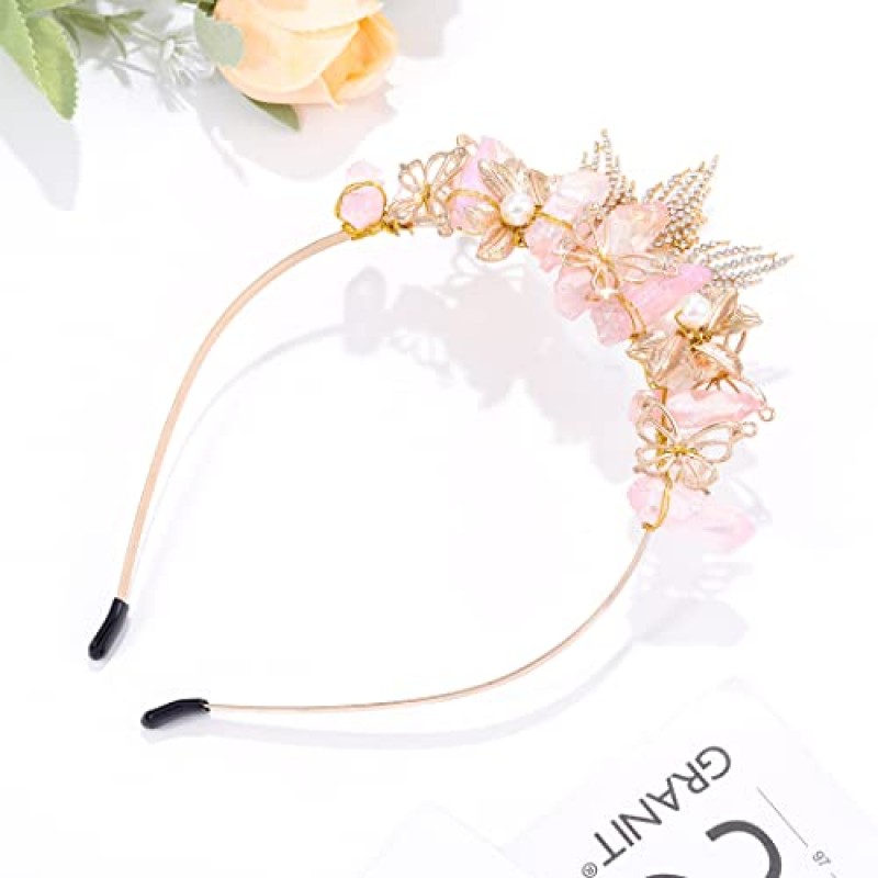 Forery 나비 핑크 석영 티아라 머리띠 골드 라인 석 잎 원시 크리스탈 크라운 헤어 밴드 우드랜드 요정 엘프 할로윈 진주 여성과 소녀를위한 천연 석재 헤어 액세서리