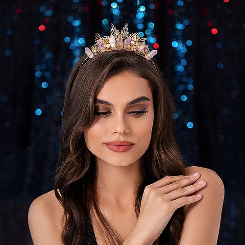 Forery 나비 핑크 석영 티아라 머리띠 골드 라인 석 잎 원시 크리스탈 크라운 헤어 밴드 우드랜드 요정 엘프 할로윈 진주 여성과 소녀를위한 천연 석재 헤어 액세서리