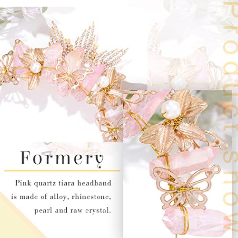 Forery 나비 핑크 석영 티아라 머리띠 골드 라인 석 잎 원시 크리스탈 크라운 헤어 밴드 우드랜드 요정 엘프 할로윈 진주 여성과 소녀를위한 천연 석재 헤어 액세서리