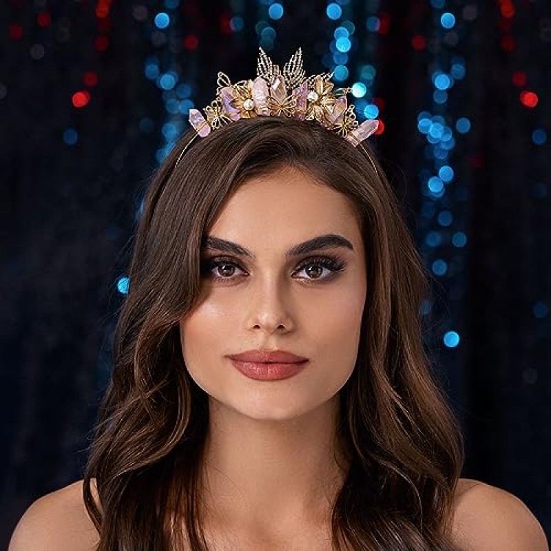 Forery 나비 핑크 석영 티아라 머리띠 골드 라인 석 잎 원시 크리스탈 크라운 헤어 밴드 우드랜드 요정 엘프 할로윈 진주 여성과 소녀를위한 천연 석재 헤어 액세서리