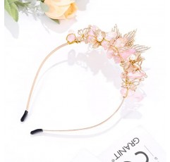 Forery 나비 핑크 석영 티아라 머리띠 골드 라인 석 잎 원시 크리스탈 크라운 헤어 밴드 우드랜드 요정 엘프 할로윈 진주 여성과 소녀를위한 천연 석재 헤어 액세서리