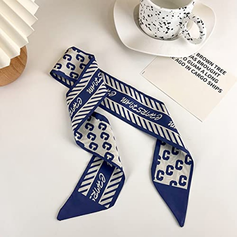 복고풍 작은 실크 스카프 소녀 하트 봄과 여름 좁은 리본 머리띠 머리띠 가방 장식 긴 스카프 머리 장식 (파란색 헤어 밴드 5pcs)