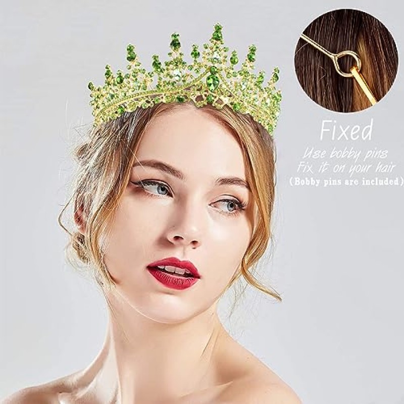 TOBATOBA 라이트 그린 티아라 및 크라운(여성용), 라인스톤 프린세스 티아라, 크리스탈 크라운 로얄 퀸 크라운(여성용), 성인식 생일 파티 미인 대회 할로윈 헤드피스
