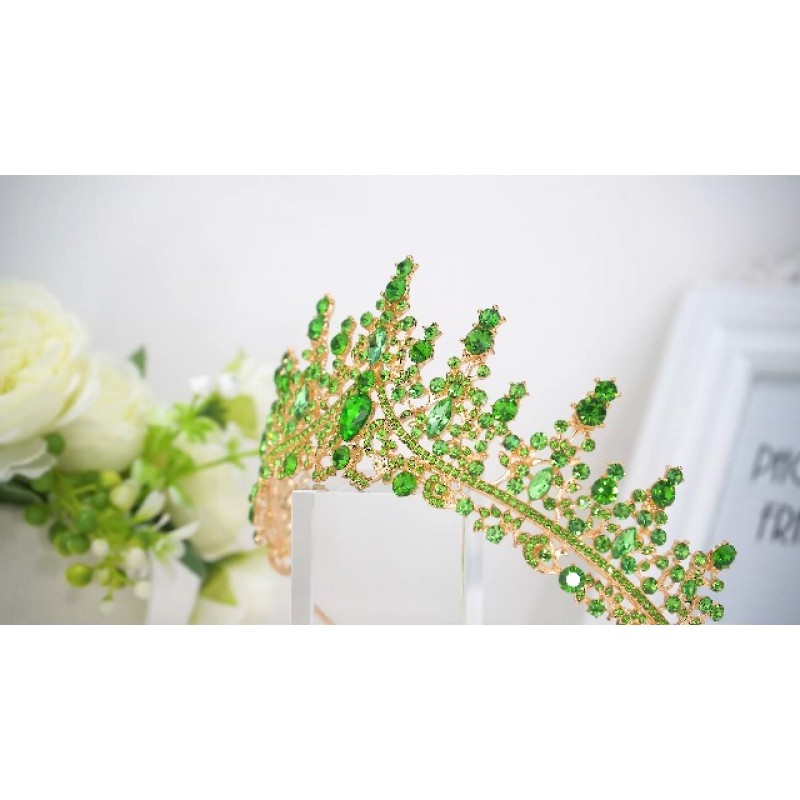 TOBATOBA 라이트 그린 티아라 및 크라운(여성용), 라인스톤 프린세스 티아라, 크리스탈 크라운 로얄 퀸 크라운(여성용), 성인식 생일 파티 미인 대회 할로윈 헤드피스