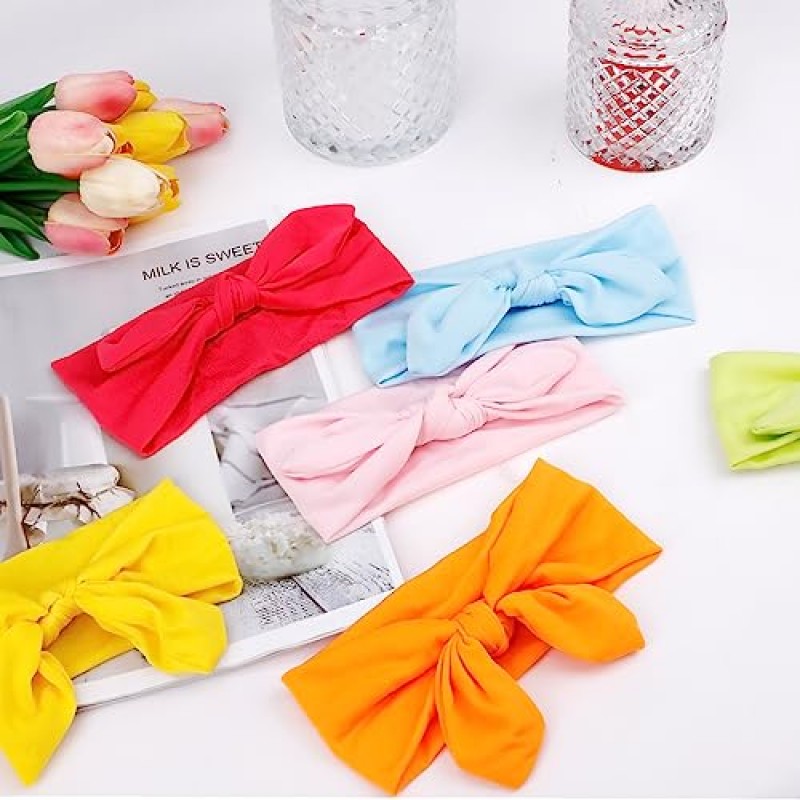 QUMENEY 10 팩 여성용 활 머리띠, 탄성 매듭 머리띠, 귀여운 면 머리 띠 토끼 귀 요가 헤어 밴드 패션 스포츠 트위스트 탄성 헤어 액세서리 (혼합 10 색상)