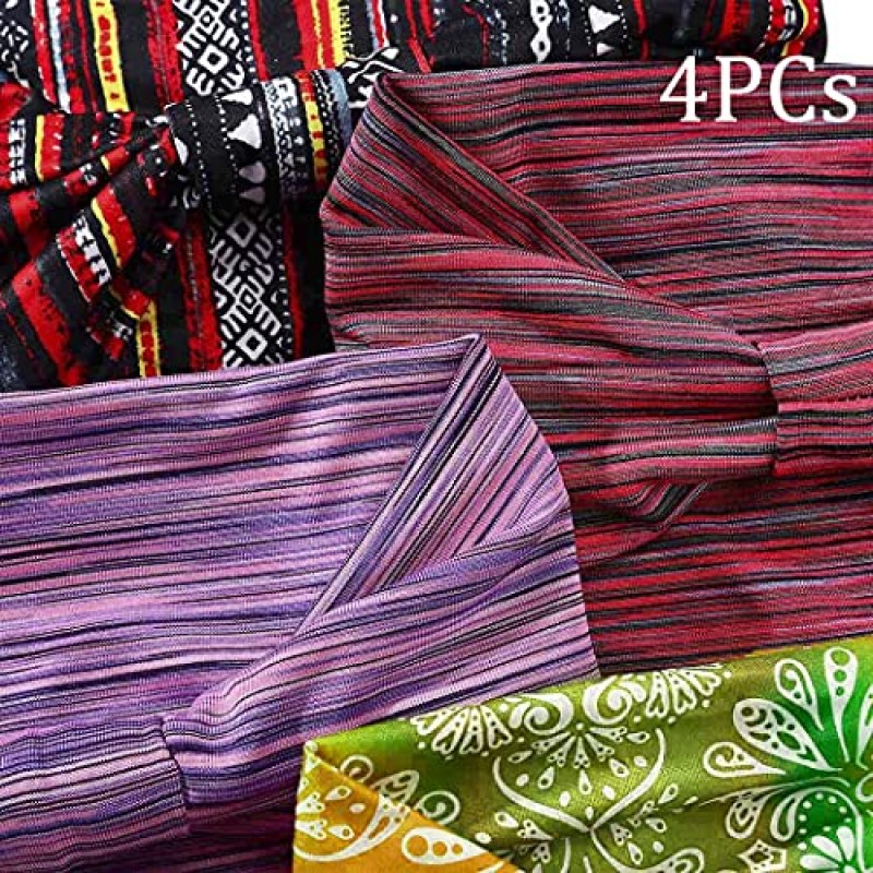 Fashband 넓은 보호 머리띠 신축성있는 헤어 밴드 요가 헤드 랩 줄무늬 매듭 머리 밴드 탄성 머리 터번 머리 스카프 여성과 소녀를위한 패션 헤어 액세서리 4 팩