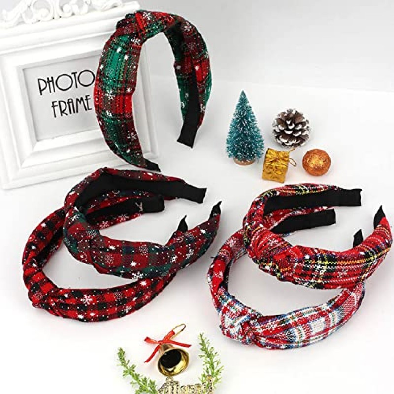 KizBruo 6PCs 크리스마스 매듭 격자 무늬 머리띠 패션 빈티지 터번 녹색 헤어 밴드 레트로 와이드 성 패트릭의 날 머리띠 여성용 크리스마스 헤어 액세서리 (D-6PCs)