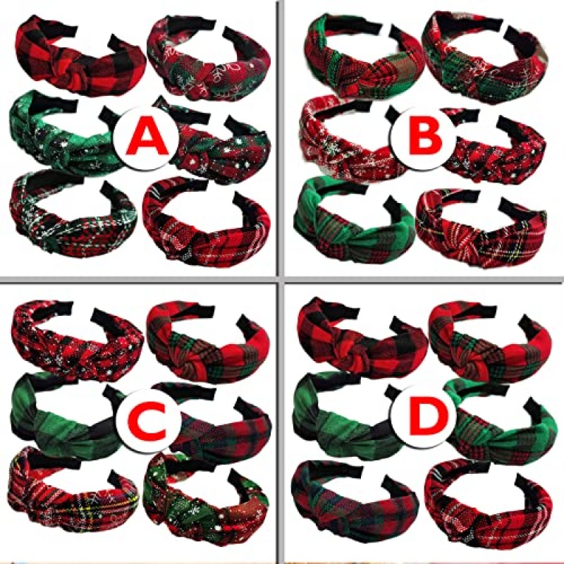 KizBruo 6PCs 크리스마스 매듭 격자 무늬 머리띠 패션 빈티지 터번 녹색 헤어 밴드 레트로 와이드 성 패트릭의 날 머리띠 여성용 크리스마스 헤어 액세서리 (D-6PCs)