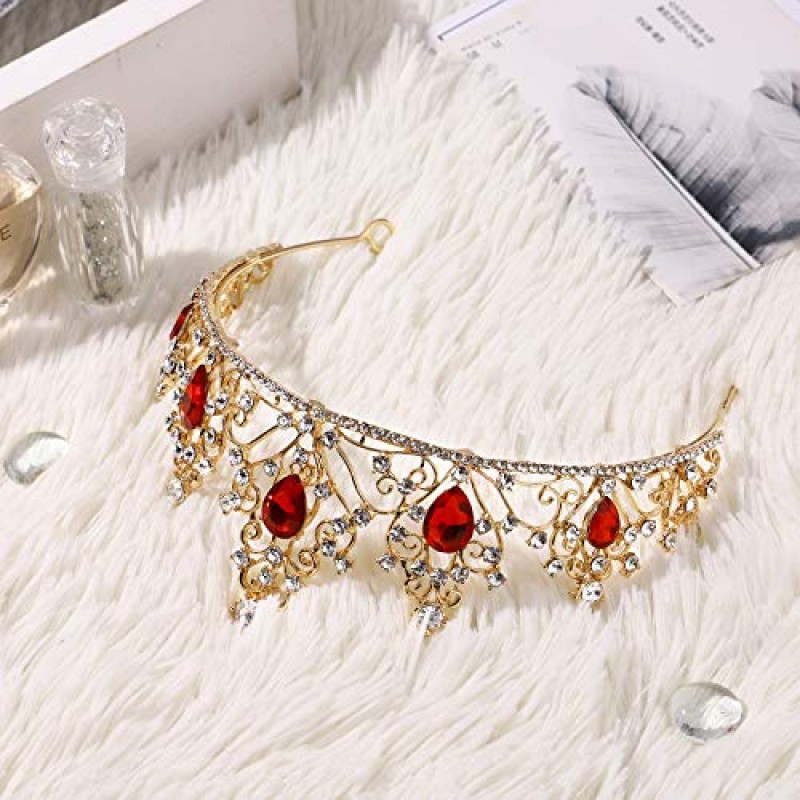 Minkissy 보석 크라운 크리스탈 라인 석 티아라 크라운 여왕 공주 미인 대회 크라운 티아라 헤어 액세서리 웨딩 파티 레드