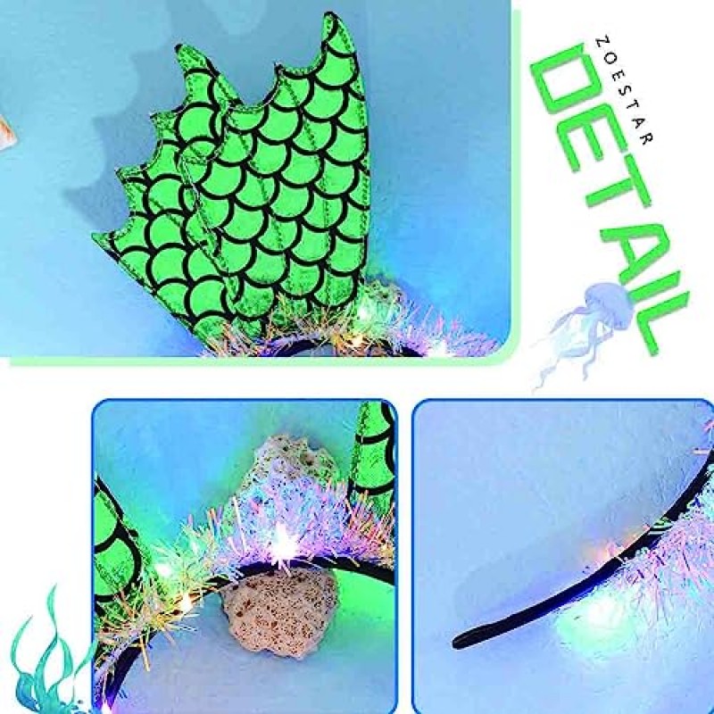 Zoestar 라이트 업 머리띠 인어 의상 헤드 피스 빛나는 헤어 밴드 파티 레이브 헤어 액세서리 여성과 소녀를위한