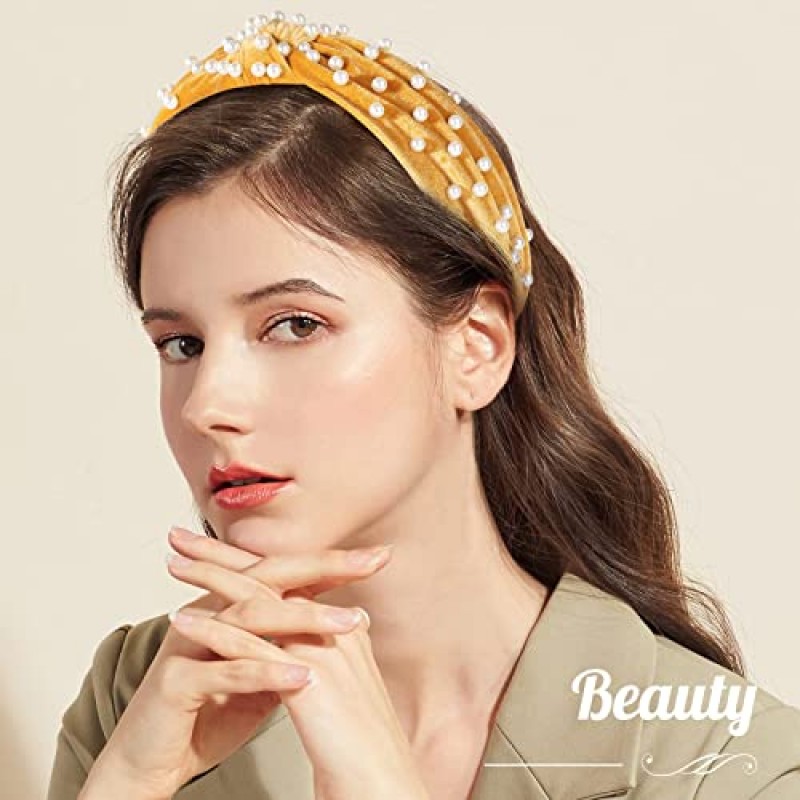 여성용 Allucho 진주 머리띠, 파란색 머리띠 미끄럼 방지 와이드 탑 매듭 머리 밴드, 진주가 있는 블랙 화이트 핑크 골드 머리띠 여성과 소녀를 위한 헤어 액세서리 일일 축제 선물