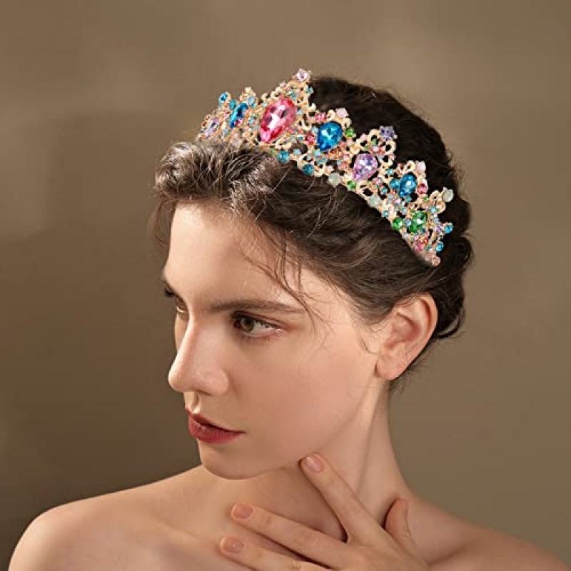 Didder 바로크 빈티지 멀티 컬러 라인 석 티아라, 여성용 로얄 크리스탈 크라운 티아라 여자 용 공주 크라운 티아라 결혼식/댄스 파티/미인 대회/생일/파티를위한 신부 헤어 액세서리