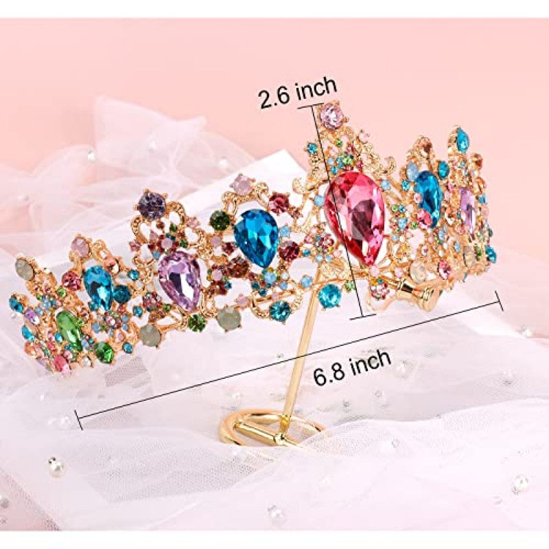 Didder 바로크 빈티지 멀티 컬러 라인 석 티아라, 여성용 로얄 크리스탈 크라운 티아라 여자 용 공주 크라운 티아라 결혼식/댄스 파티/미인 대회/생일/파티를위한 신부 헤어 액세서리
