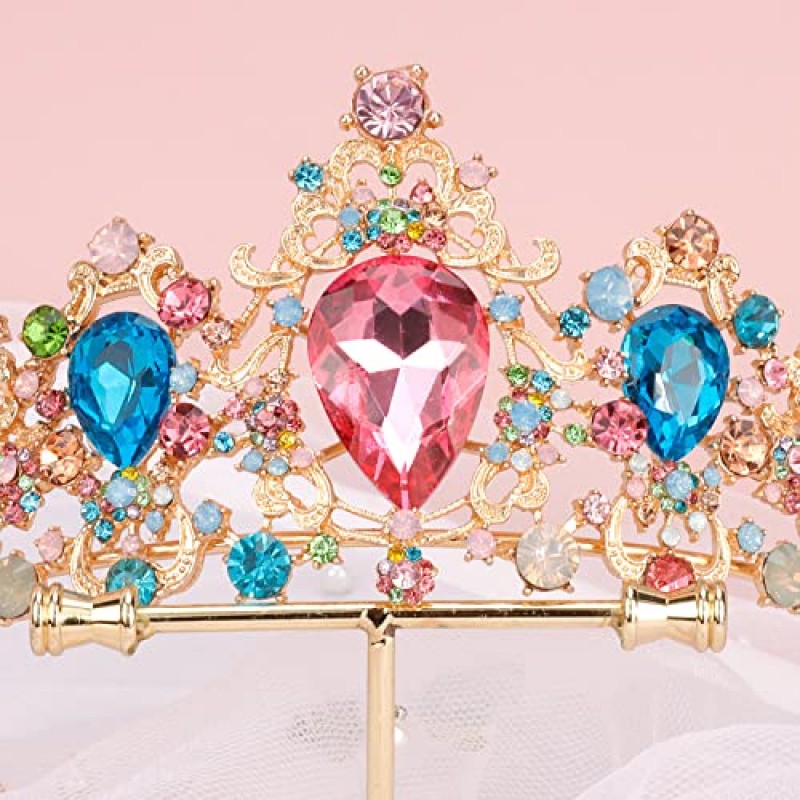 Didder 바로크 빈티지 멀티 컬러 라인 석 티아라, 여성용 로얄 크리스탈 크라운 티아라 여자 용 공주 크라운 티아라 결혼식/댄스 파티/미인 대회/생일/파티를위한 신부 헤어 액세서리