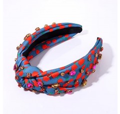 여성용 크리스탈 매듭 머리띠 스파클 라인스톤 장식 꽃 프린트 와이드 탑 매듭 헤어 밴드 다채로운 패션 꽃 트위스트 헤어 후프 여름 휴가 파티 헤어 액세서리 (빨간 꽃)