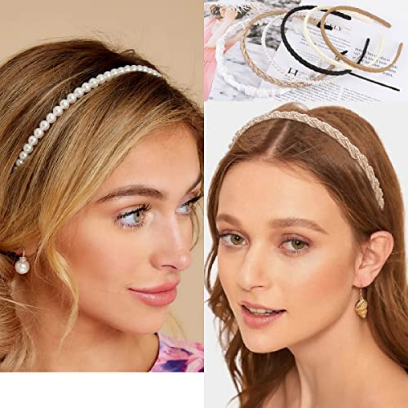 TOBATOBA 9Pcs 여성용 패션 머리띠 여성용 귀여운 머리띠, 여성용 머리띠 미끄럼 방지, 여성용 헤어 밴드, 여성용 꽃 진주 머리띠, 검정 흰색 중립 머리띠 세트