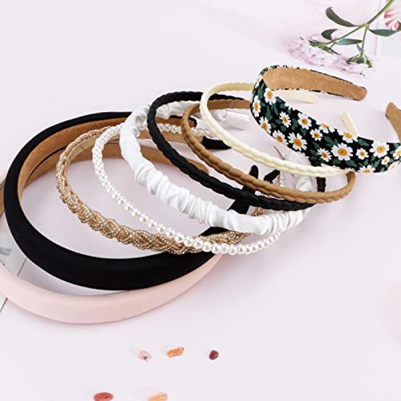 TOBATOBA 9Pcs 여성용 패션 머리띠 여성용 귀여운 머리띠, 여성용 머리띠 미끄럼 방지, 여성용 헤어 밴드, 여성용 꽃 진주 머리띠, 검정 흰색 중립 머리띠 세트