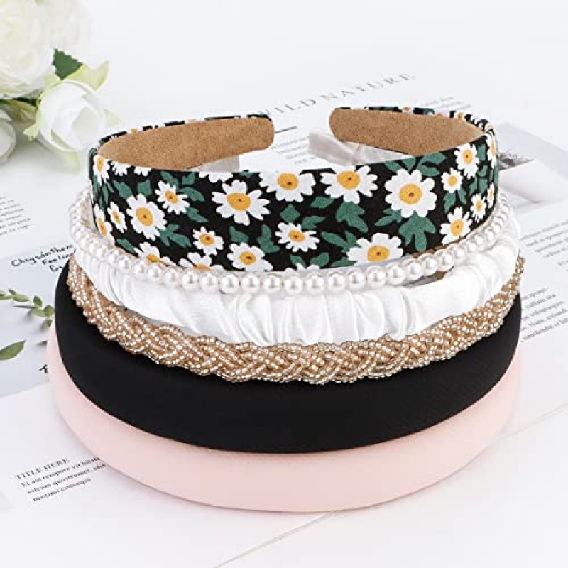 TOBATOBA 9Pcs 여성용 패션 머리띠 여성용 귀여운 머리띠, 여성용 머리띠 미끄럼 방지, 여성용 헤어 밴드, 여성용 꽃 진주 머리띠, 검정 흰색 중립 머리띠 세트