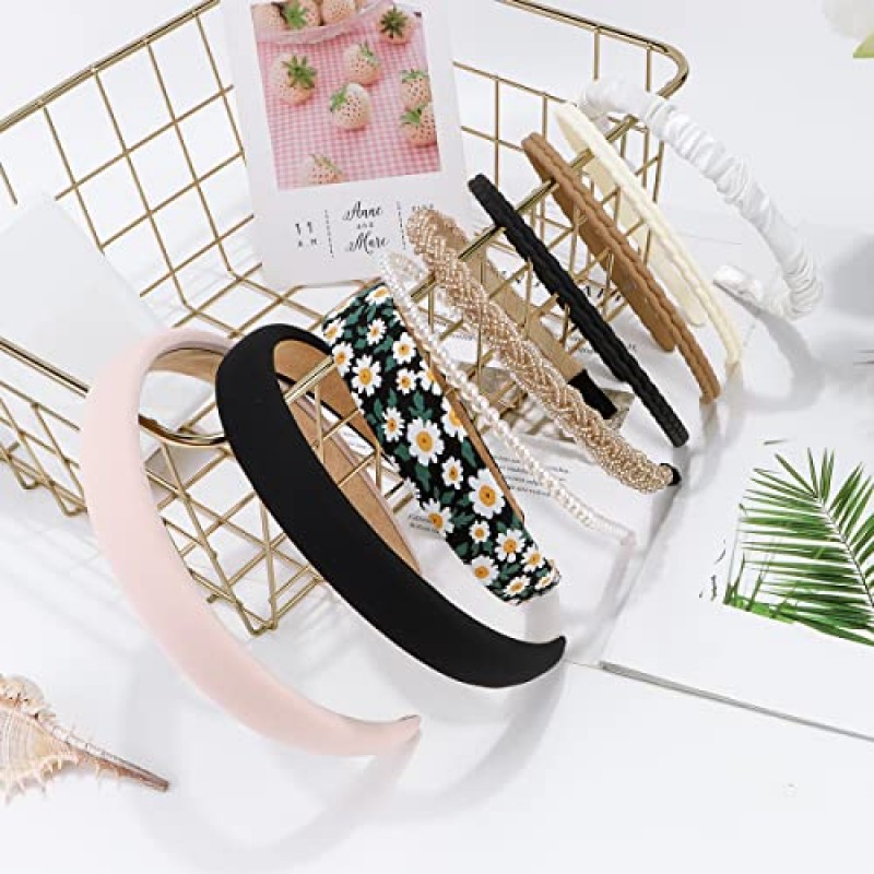 TOBATOBA 9Pcs 여성용 패션 머리띠 여성용 귀여운 머리띠, 여성용 머리띠 미끄럼 방지, 여성용 헤어 밴드, 여성용 꽃 진주 머리띠, 검정 흰색 중립 머리띠 세트