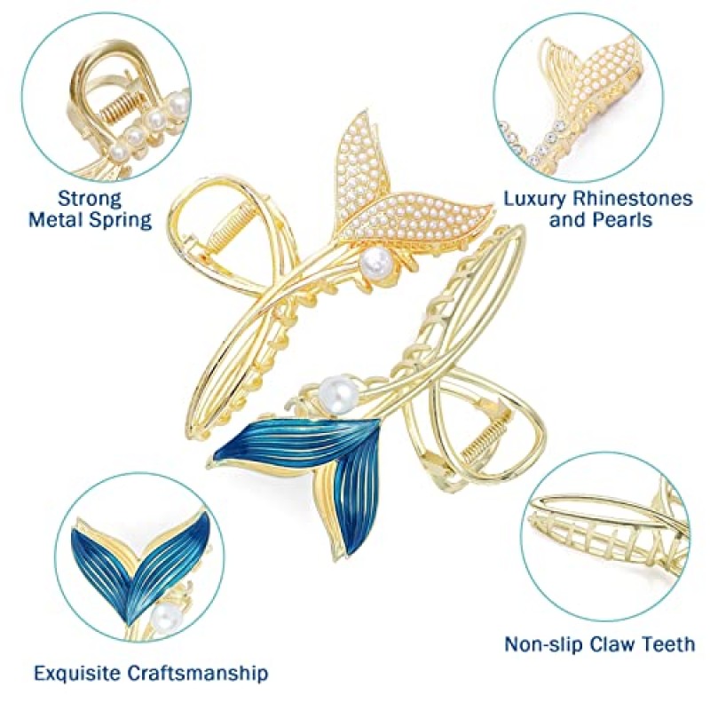 헤어 클립 | 6 PCS 합금 인어 발톱 클립 | 여성을 위한 다양한 스타일 헤어 클립 소녀 | 두꺼운 얇은 곱슬머리용 대형 클로 클립 | 여성용 강한 홀드 미끄럼 방지 패션 헤어 액세서리