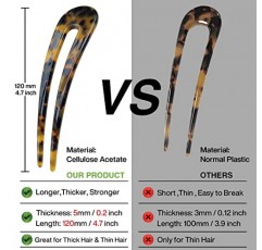 HYFEEL 프렌치 헤어 포크 거북이 껍질 U 모양 Updo 헤어핀 클립(얇은 두꺼운 머리카락용), 4.3인치 클래식 셀룰로오스 아세테이트 2프롱 롤빵 헤어 스틱 시뇽 여성 빈티지 헤어스타일 액세서리, 3팩