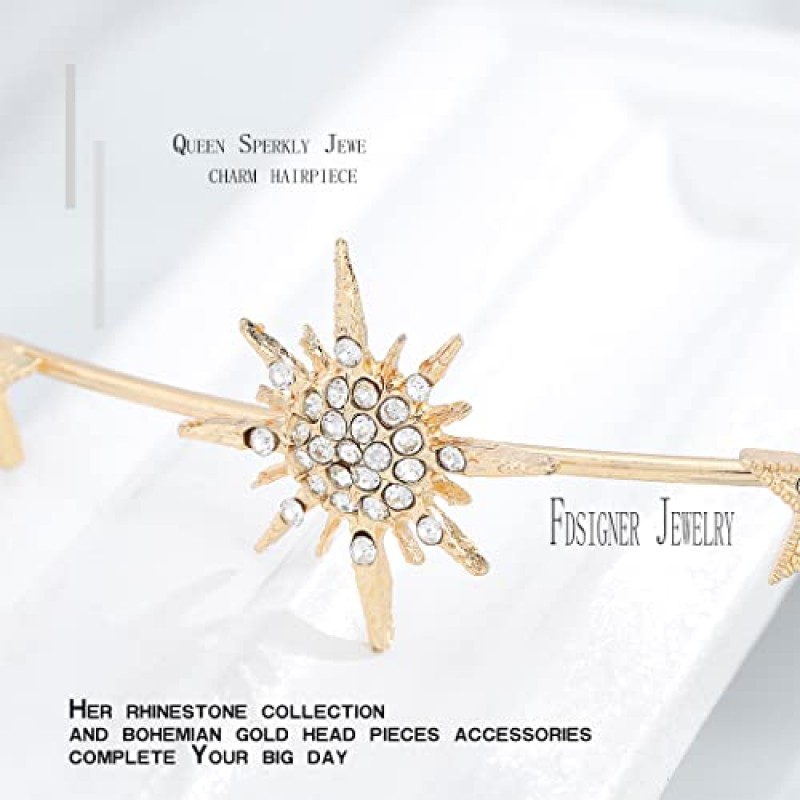 Fdesigner 골드 웨딩 헤어 액세서리 펜던트 헤드 체인 문 스타 헤어 쥬얼리 여성과 소녀를위한 패션 크리스탈 헤어 피스