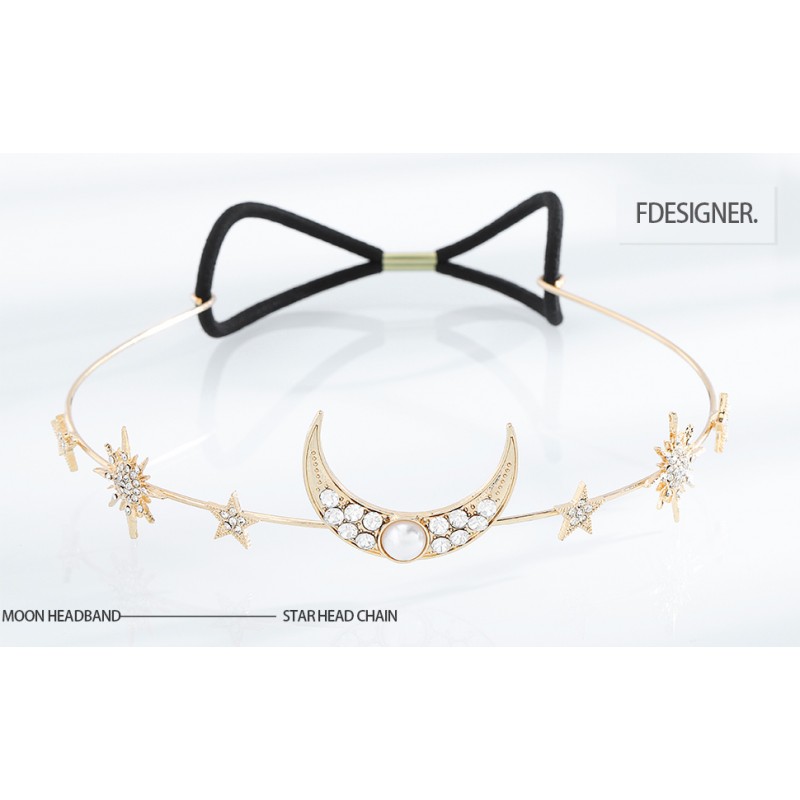 Fdesigner 골드 웨딩 헤어 액세서리 펜던트 헤드 체인 문 스타 헤어 쥬얼리 여성과 소녀를위한 패션 크리스탈 헤어 피스