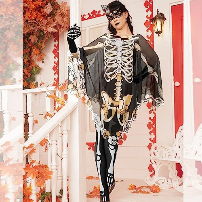 Eurzom 18 조각 할로윈 해골 의상 여성 액세서리 세트, 뼈 장갑 양말 머리띠 아이 마스크 판초 얼굴 문신