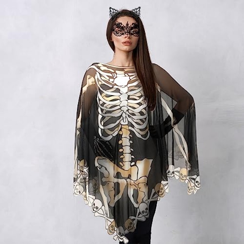 Eurzom 18 조각 할로윈 해골 의상 여성 액세서리 세트, 뼈 장갑 양말 머리띠 아이 마스크 판초 얼굴 문신