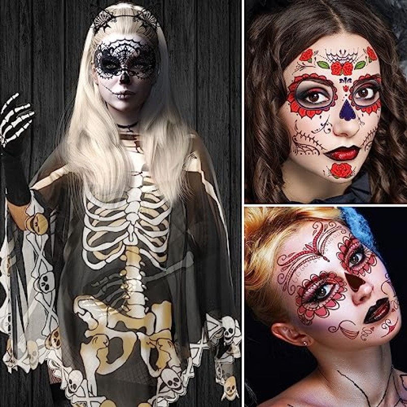 Eurzom 18 조각 할로윈 해골 의상 여성 액세서리 세트, 뼈 장갑 양말 머리띠 아이 마스크 판초 얼굴 문신