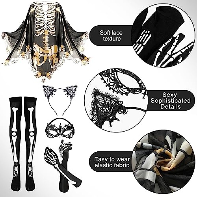 Eurzom 18 조각 할로윈 해골 의상 여성 액세서리 세트, 뼈 장갑 양말 머리띠 아이 마스크 판초 얼굴 문신