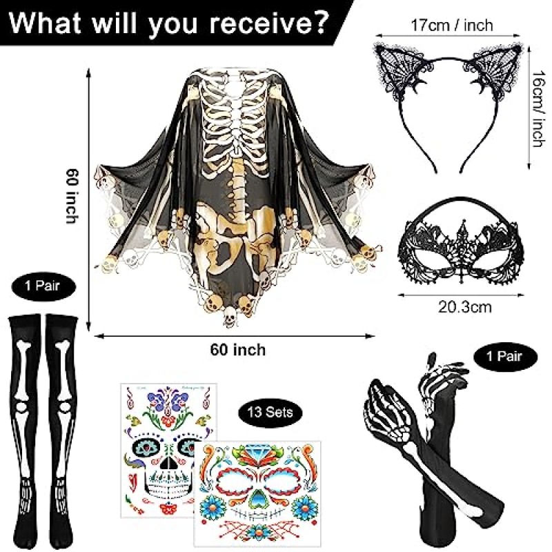 Eurzom 18 조각 할로윈 해골 의상 여성 액세서리 세트, 뼈 장갑 양말 머리띠 아이 마스크 판초 얼굴 문신